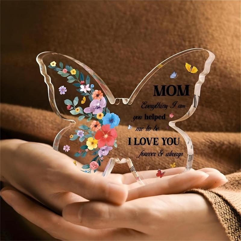 Butterfly Shaped Clear Acrylic Ornament, Flower & Letter Pattern Decorative Craft, Spring Decor 2024, Creative Gift for Mother, Desktop Ornament, Room Decor