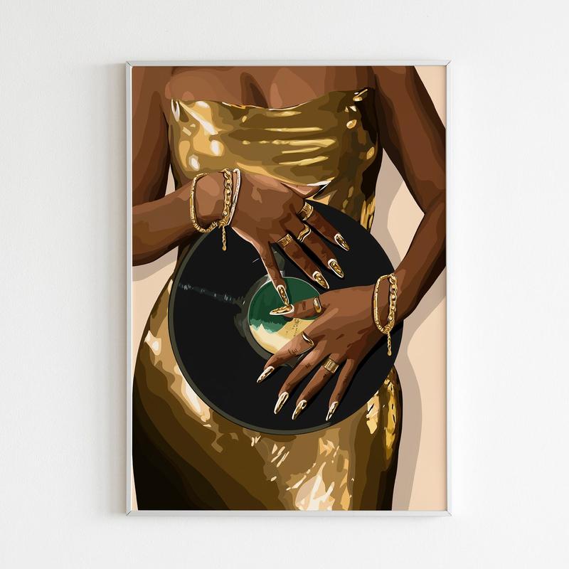 Gold Dress Art, Music Wall Art, Black Woman Art, Black Art, Wall Art, Gold Wall Art, Women Art, Room Decor