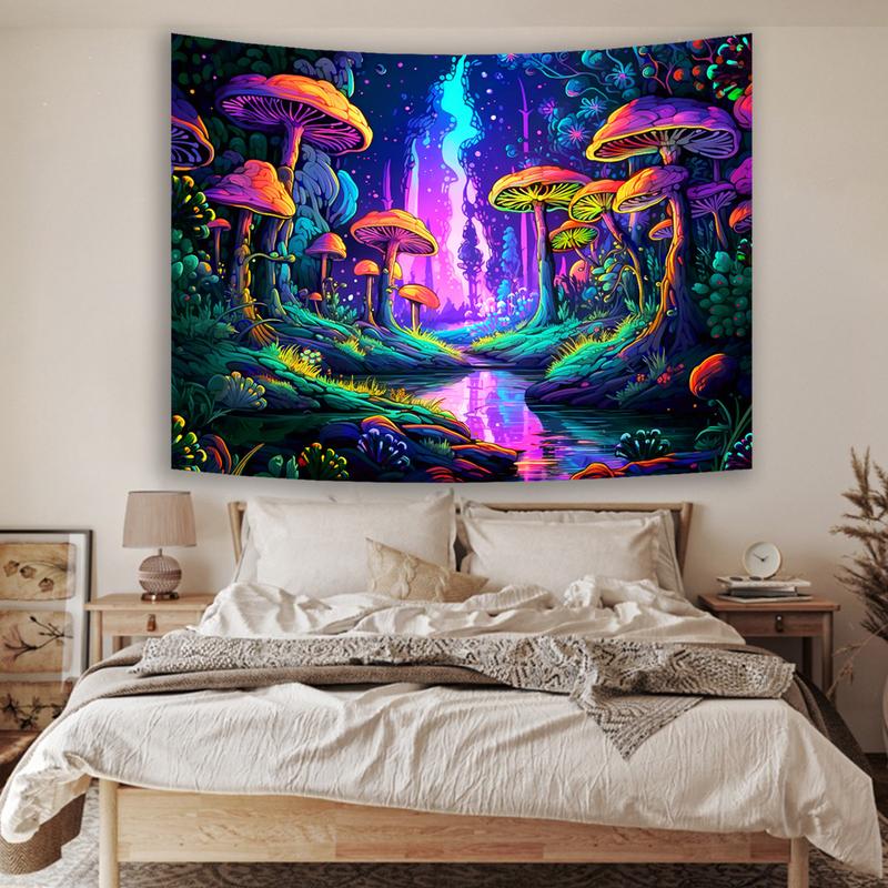 Blacklight Mushroom Forest Tapestry, UV Reactive Fantasy Tree Plants Fluorencent Wall Hanging Tapestries, Glow in the Dark Party Backdrop Art Print for Bedroom, Living Room