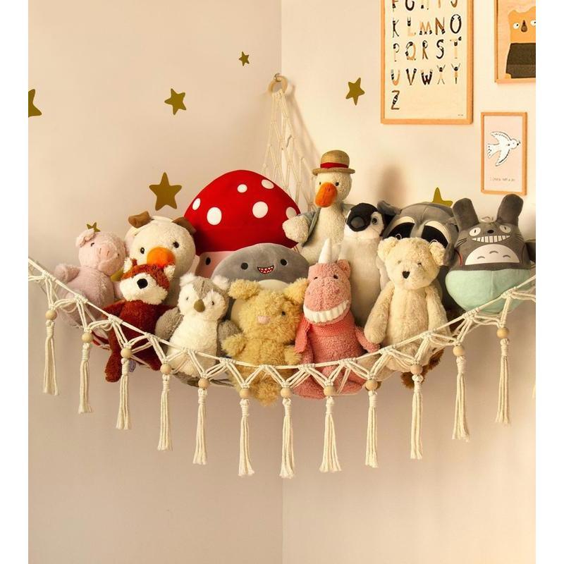 Stuffed Animal Storage - Corner Stuffed Animal Hammock! Cute Plushie Net Hanging Organizers for Girls. Boho Room & Bedroom Decor. Cotton Wall