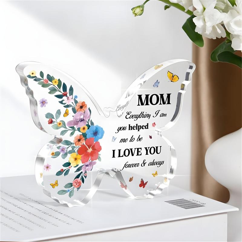 Butterfly Shaped Clear Acrylic Ornament, Flower & Letter Pattern Decorative Craft, Spring Decor 2024, Creative Gift for Mother, Desktop Ornament, Room Decor