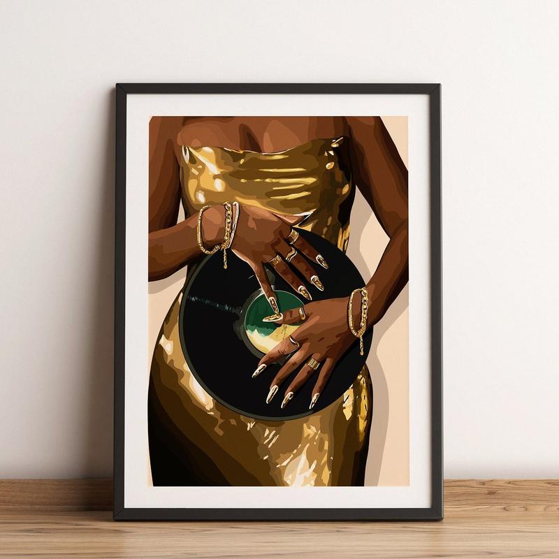 Gold Dress Art, Music Wall Art, Black Woman Art, Black Art, Wall Art, Gold Wall Art, Women Art, Room Decor