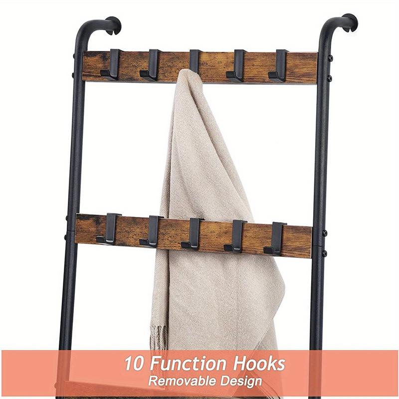 Blanket ladder, 10 layer blanket rack with 5 detachable hooks, farmhouse style blanket ladder for living room and bathroom, decorative wall mounted wooden quilt standing towel drying storage rack