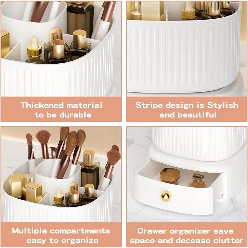 360° Rotating Makeup Brush Holder Organizer with Drawer, Cosmetic Makeup Organizers Countertop, Makeup organization and Skincare Storage for Vanity, Desktop, Bathroom (White) Boxes