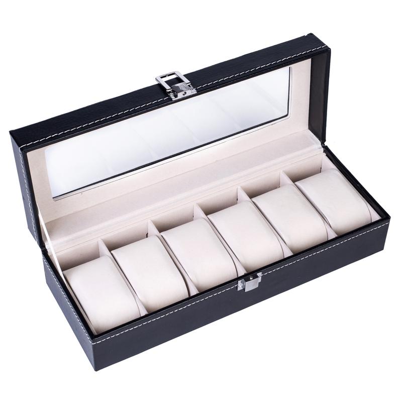 6 Compartments High-grade Leather Watch Collection Storage Box Black