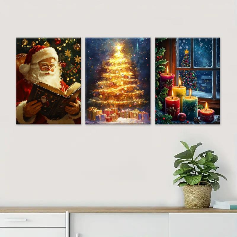 Christmas Themed Wooden Framed Canvas Painting, 3 Counts set Santa Claus & Christmas Tree & Candle Pattern Wall Art,  Canvas Art Wall Decor for Home Living Room Bedroom, Wall Art Painting Room Decor