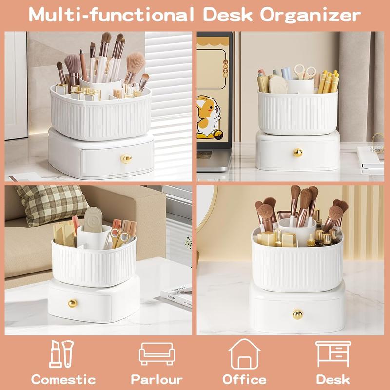 360° Rotating Makeup Brush Holder Organizer with Drawer, Cosmetic Makeup Organizers Countertop, Makeup organization and Skincare Storage for Vanity, Desktop, Bathroom (White) Boxes