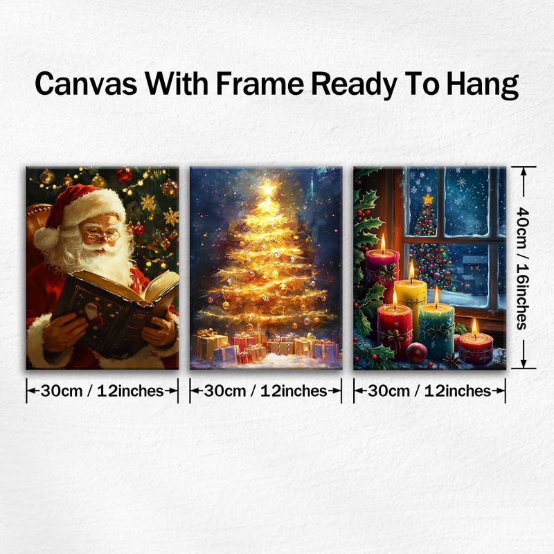 Christmas Themed Wooden Framed Canvas Painting, 3 Counts set Santa Claus & Christmas Tree & Candle Pattern Wall Art,  Canvas Art Wall Decor for Home Living Room Bedroom, Wall Art Painting Room Decor