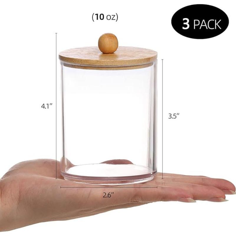 10 Oz Cotton Swab Ball Pad Holder, Qtip Apothecary Jar, Clear Bathroom Containers Dispenser for Storage 3 Pack Wood Lids