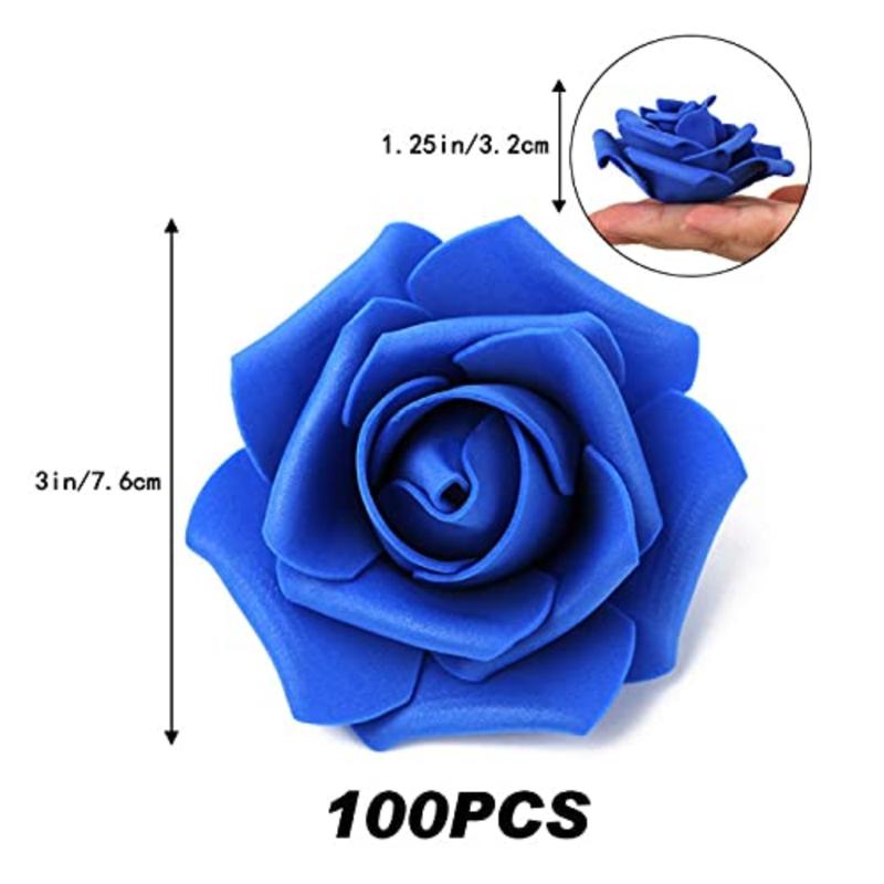 Artificial Flowers Roses Heads, 100 Count Faux Flowers Real Looking Blue Foam Fake Roses Perfect for Wedding Bouquet Home Decorations Decorative Fruit