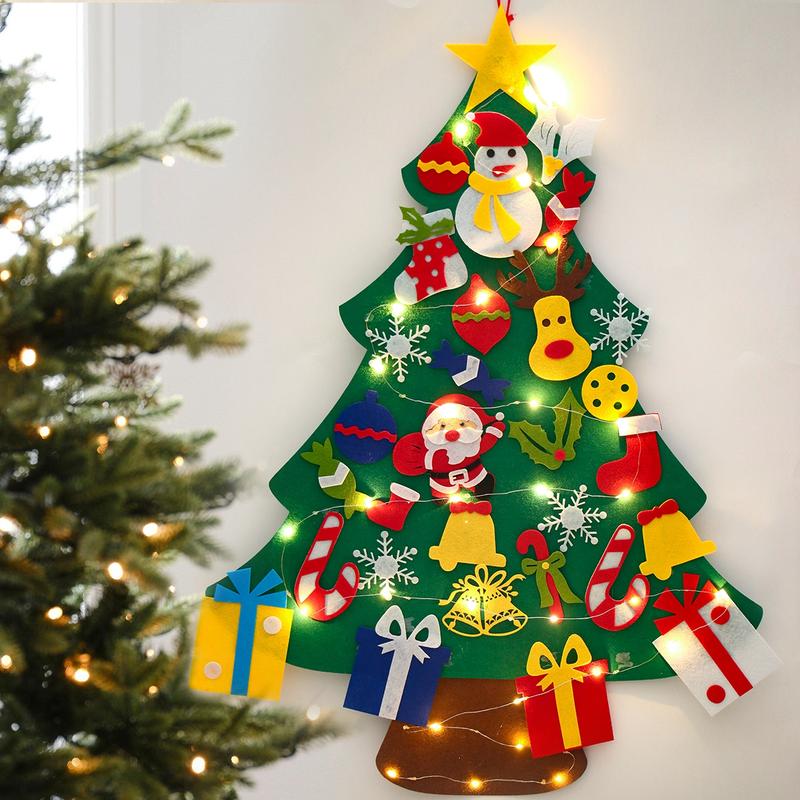 DIY Lighted Felt Christmas Tree Kit with Detachable Ornaments ,Xmas Decorations Wall Hanging Kids Santa Gift,Merry Christmas New Year Party Decor