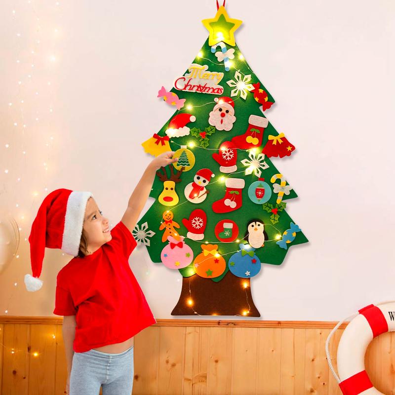 DIY Lighted Felt Christmas Tree Kit with Detachable Ornaments ,Xmas Decorations Wall Hanging Kids Santa Gift,Merry Christmas New Year Party Decor