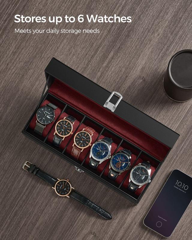 SONGMICS HOME Watch Box, Watch Case with Large Glass Lid, Removable Watch Pillows, Watch and Jewelry Box Organizer, Gift for Loved Ones