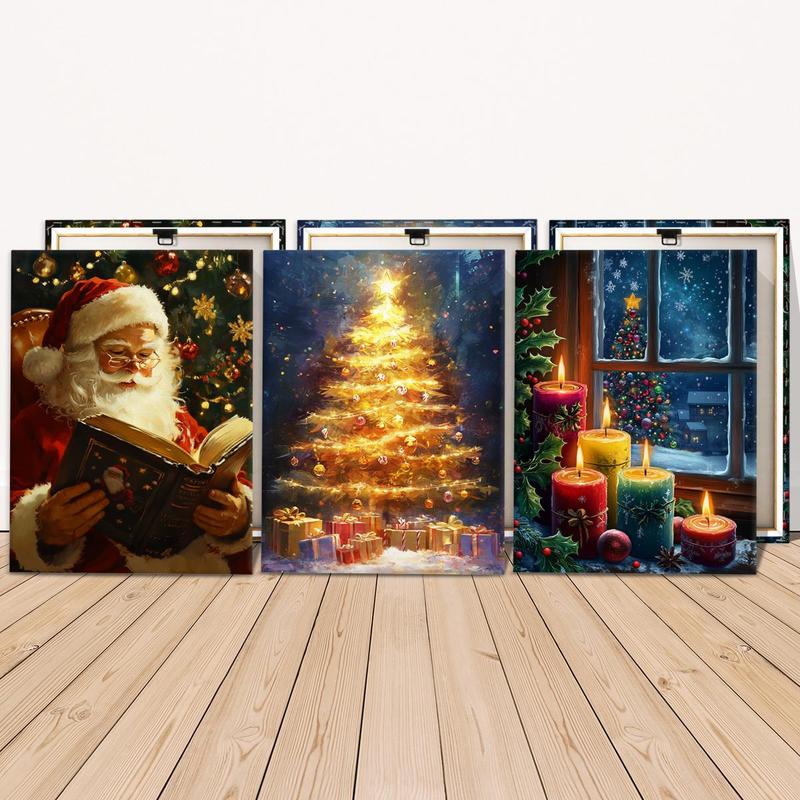 Christmas Themed Wooden Framed Canvas Painting, 3 Counts set Santa Claus & Christmas Tree & Candle Pattern Wall Art,  Canvas Art Wall Decor for Home Living Room Bedroom, Wall Art Painting Room Decor