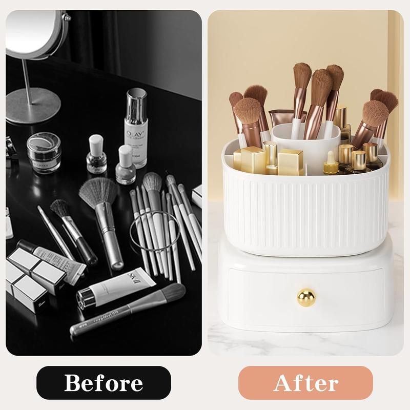 360° Rotating Makeup Brush Holder Organizer with Drawer, Cosmetic Makeup Organizers Countertop, Makeup organization and Skincare Storage for Vanity, Desktop, Bathroom (White) Boxes