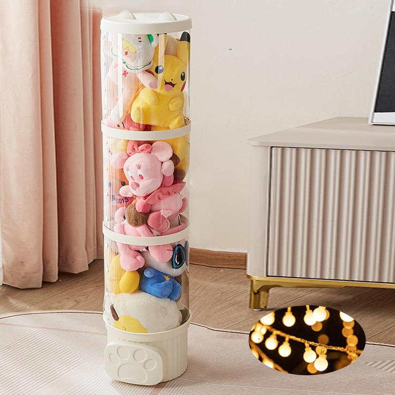 Stuffed Animal Storage Tube with LED Light, Stuff Animal Transparent Organizer, Large Toy Storage Display Bucket with Lid, Kids Stuffed Animal Storage, for Bedroom Kid Room,Pink