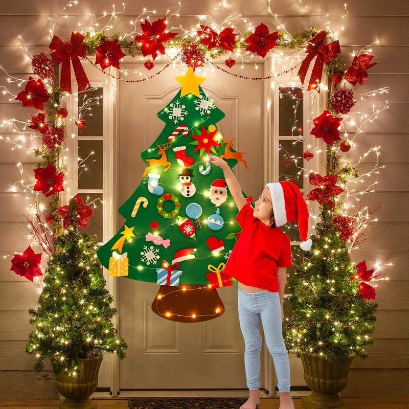 DIY Lighted Felt Christmas Tree Kit with Detachable Ornaments ,Xmas Decorations Wall Hanging Kids Santa Gift,Merry Christmas New Year Party Decor