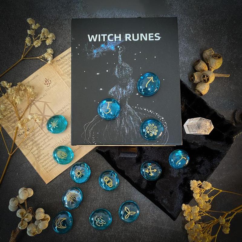 Witch Runes Set, 13pcs box Hand-carved Painted Glass Rune Stones, Divination Astrology Tools, Altar Decorations, Home Decor