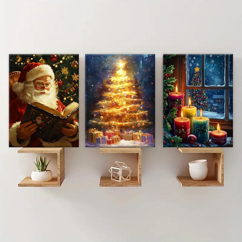 Christmas Themed Wooden Framed Canvas Painting, 3 Counts set Santa Claus & Christmas Tree & Candle Pattern Wall Art,  Canvas Art Wall Decor for Home Living Room Bedroom, Wall Art Painting Room Decor