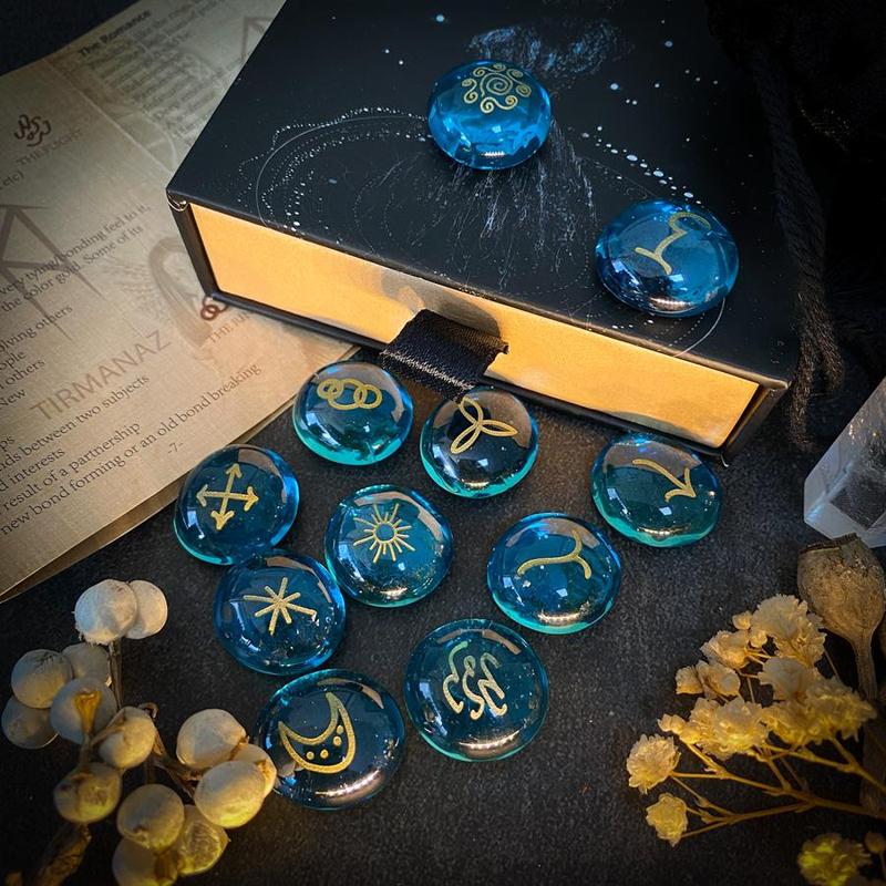 Witch Runes Set, 13pcs box Hand-carved Painted Glass Rune Stones, Divination Astrology Tools, Altar Decorations, Home Decor