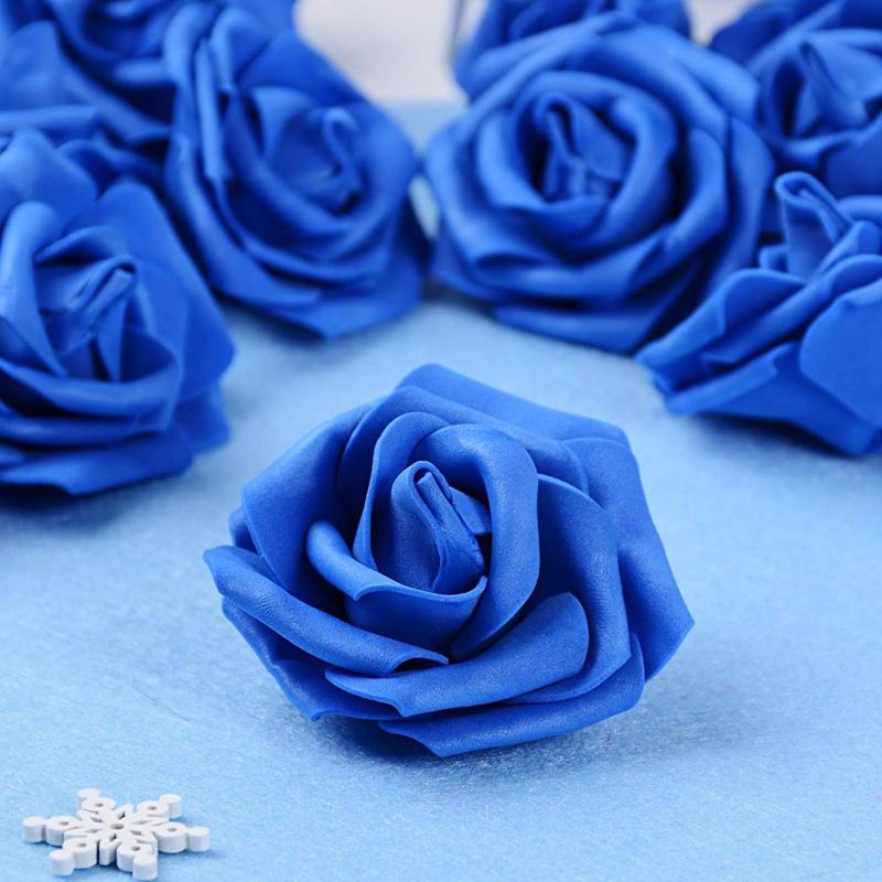 Artificial Flowers Roses Heads, 100 Count Faux Flowers Real Looking Blue Foam Fake Roses Perfect for Wedding Bouquet Home Decorations Decorative Fruit