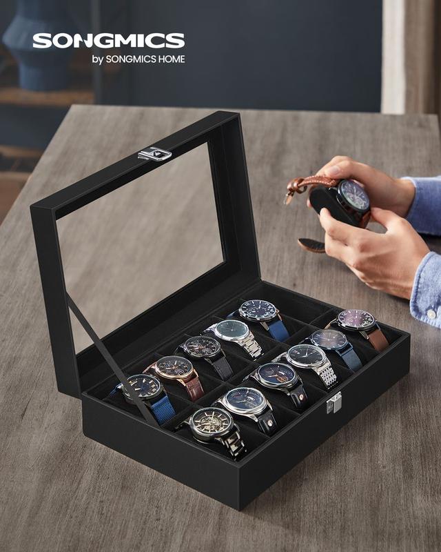 SONGMICS HOME Watch Box, Watch Case with Large Glass Lid, Removable Watch Pillows, Watch and Jewelry Box Organizer, Gift for Loved Ones