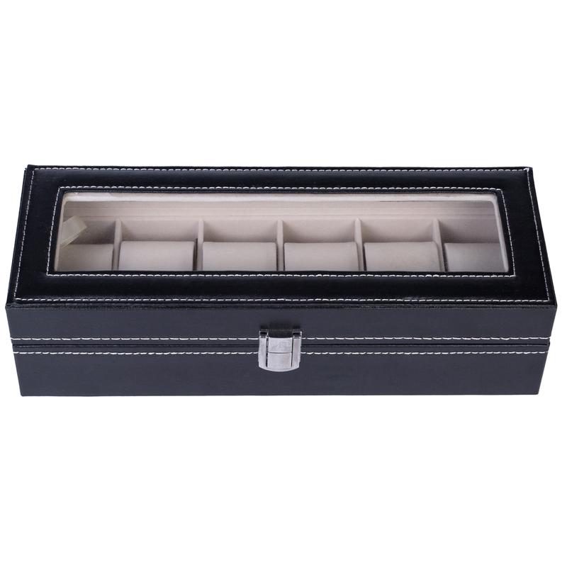 6 Compartments High-grade Leather Watch Collection Storage Box Black