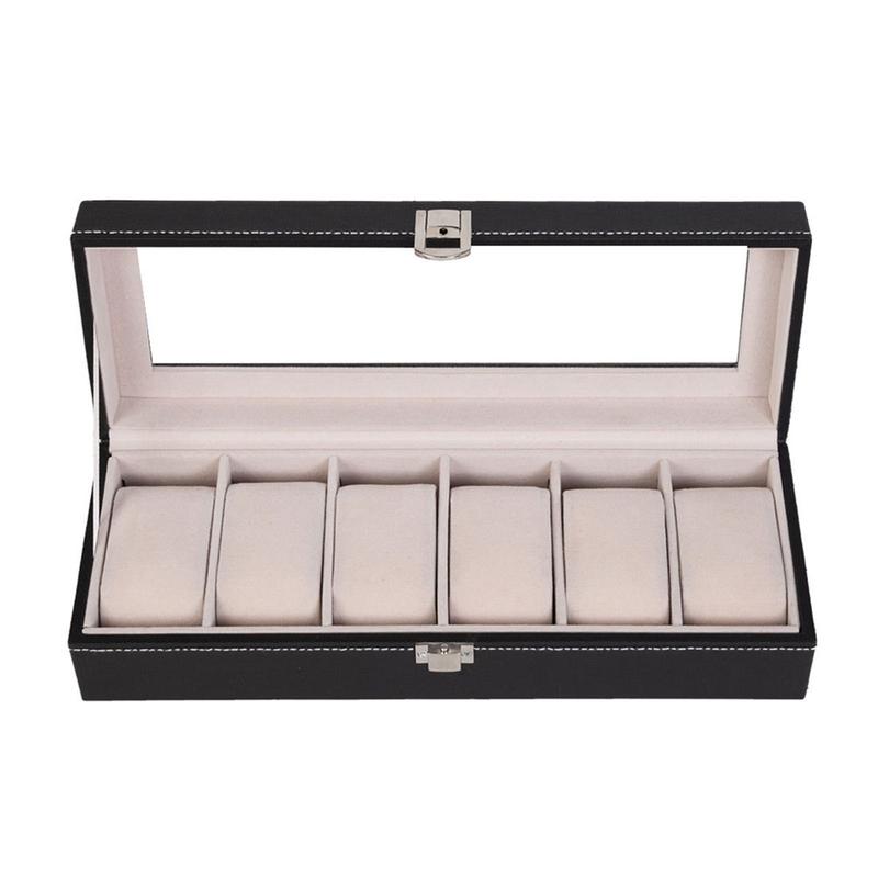 6 Compartments High-grade Leather Watch Collection Storage Box Black