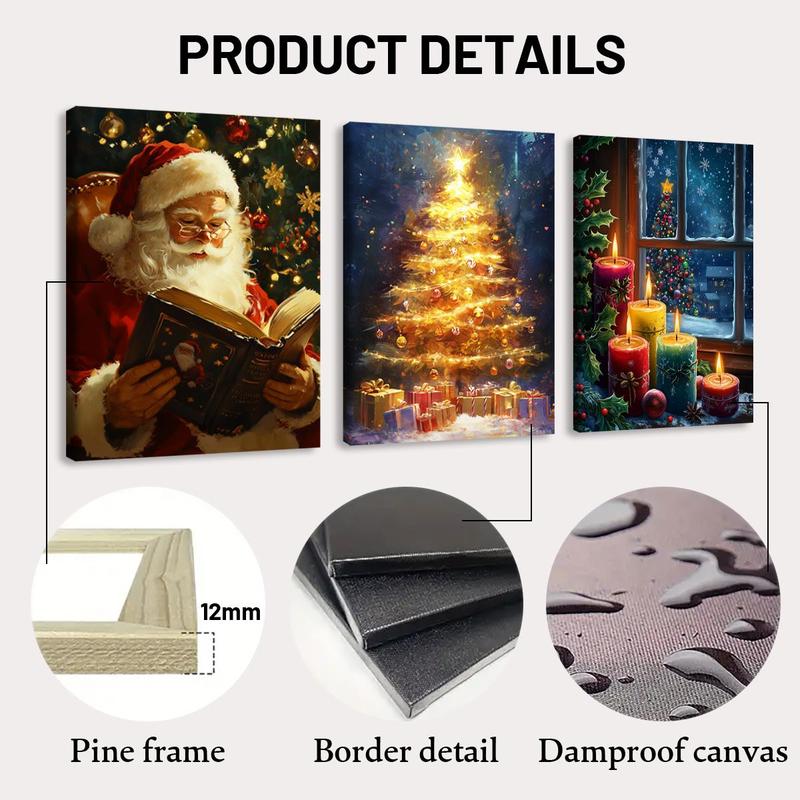 Christmas Themed Wooden Framed Canvas Painting, 3 Counts set Santa Claus & Christmas Tree & Candle Pattern Wall Art,  Canvas Art Wall Decor for Home Living Room Bedroom, Wall Art Painting Room Decor