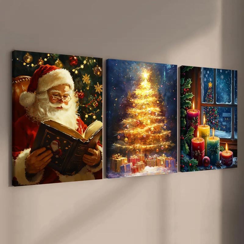 Christmas Themed Wooden Framed Canvas Painting, 3 Counts set Santa Claus & Christmas Tree & Candle Pattern Wall Art,  Canvas Art Wall Decor for Home Living Room Bedroom, Wall Art Painting Room Decor