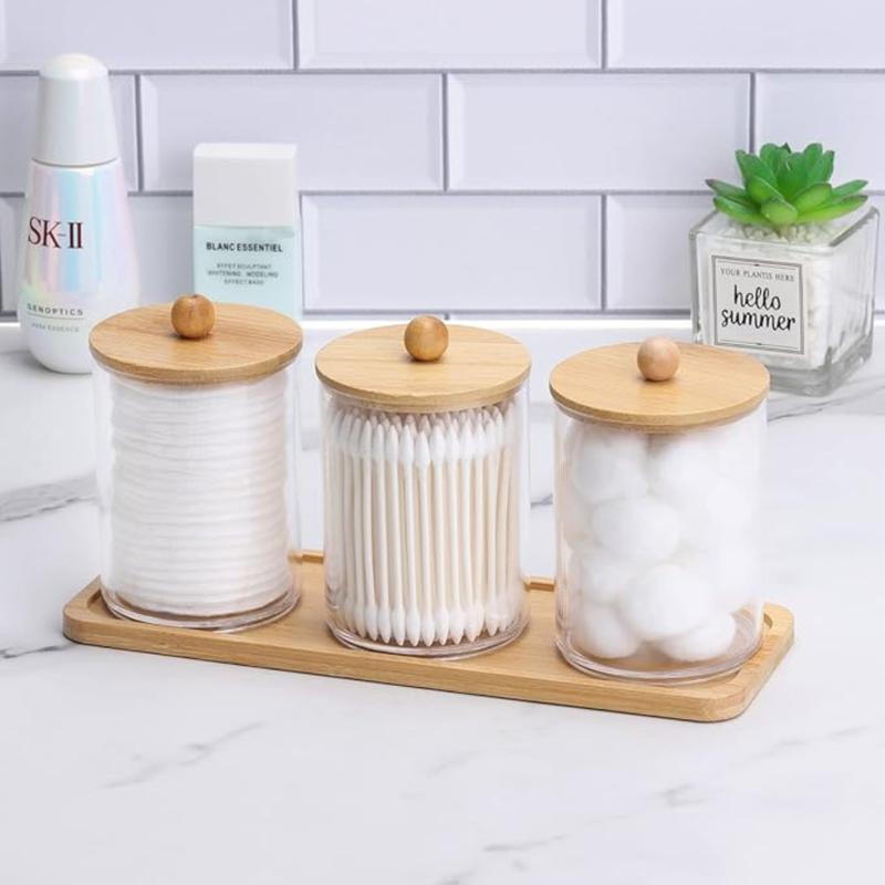 10 Oz Cotton Swab Ball Pad Holder, Qtip Apothecary Jar, Clear Bathroom Containers Dispenser for Storage 3 Pack Wood Lids