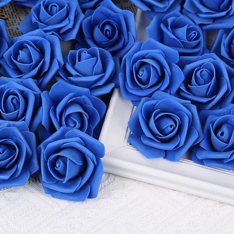 Artificial Flowers Roses Heads, 100 Count Faux Flowers Real Looking Blue Foam Fake Roses Perfect for Wedding Bouquet Home Decorations Decorative Fruit