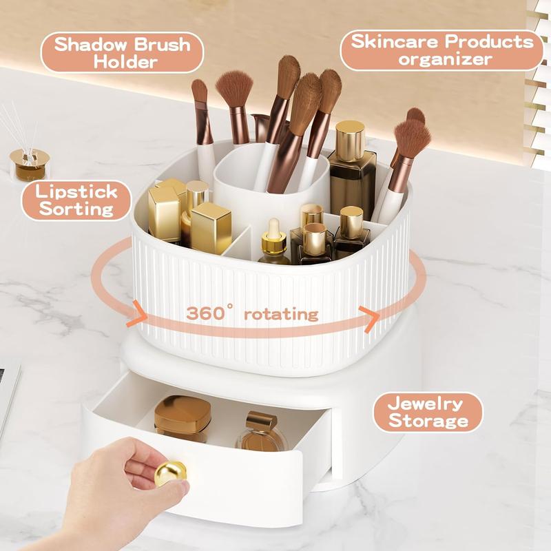 360° Rotating Makeup Brush Holder Organizer with Drawer, Cosmetic Makeup Organizers Countertop, Makeup organization and Skincare Storage for Vanity, Desktop, Bathroom (White) Boxes