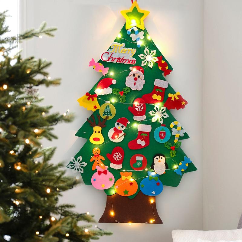 DIY Lighted Felt Christmas Tree Kit with Detachable Ornaments ,Xmas Decorations Wall Hanging Kids Santa Gift,Merry Christmas New Year Party Decor