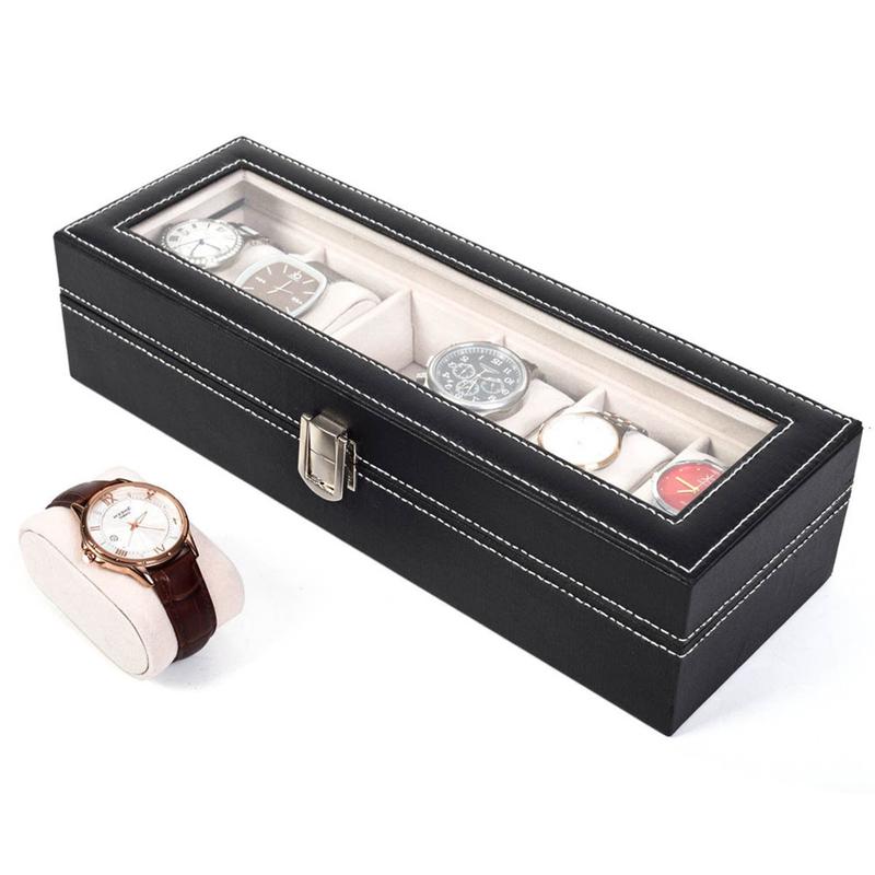 6 Compartments High-grade Leather Watch Collection Storage Box Black