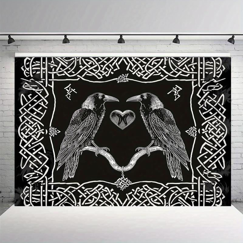 Christmas 2024 Ornament - Mystical Raven Tapestry - Norse Viking Inspired, Black & White Wall Hanging For Bedroom, Living Room, Dorm Decor - Polyester, Multiple Sizes Available