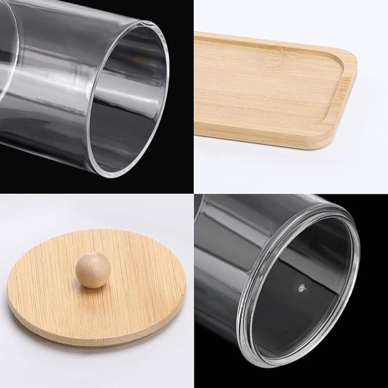 10 Oz Cotton Swab Ball Pad Holder, Qtip Apothecary Jar, Clear Bathroom Containers Dispenser for Storage 3 Pack Wood Lids