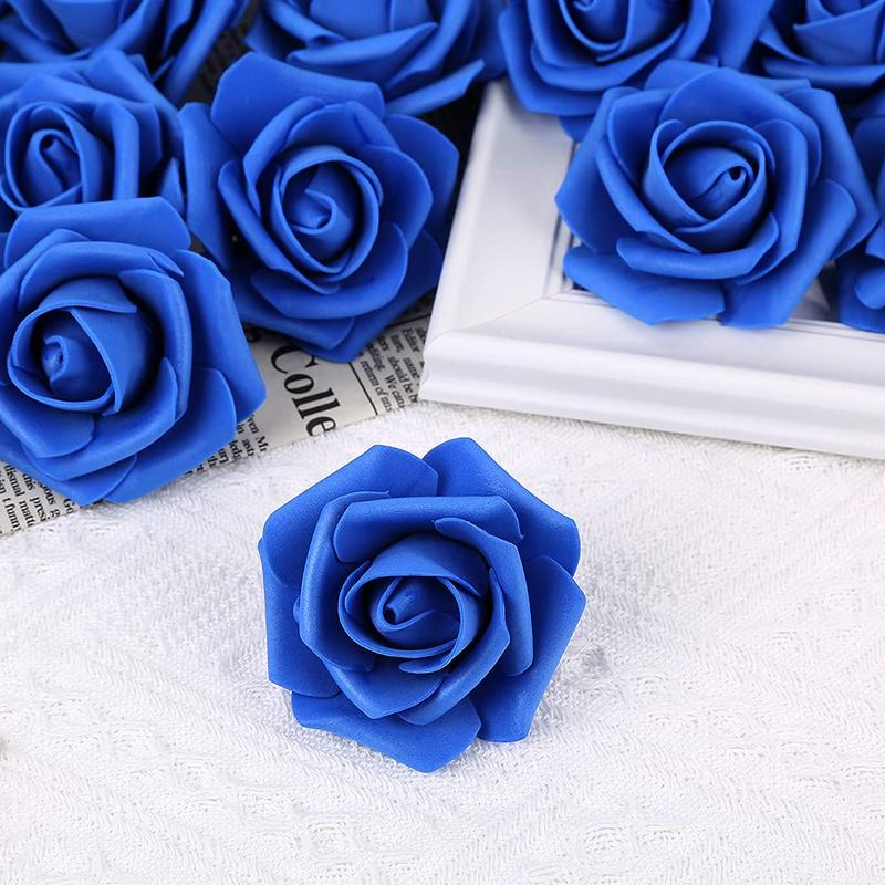 Artificial Flowers Roses Heads, 100 Count Faux Flowers Real Looking Blue Foam Fake Roses Perfect for Wedding Bouquet Home Decorations Decorative Fruit