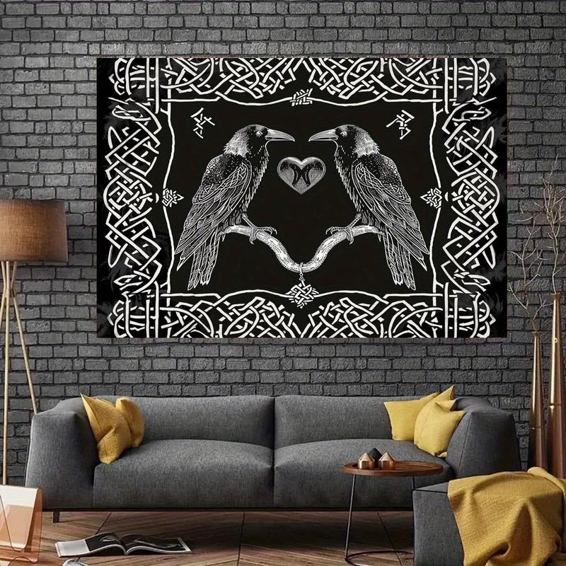 Christmas 2024 Ornament - Mystical Raven Tapestry - Norse Viking Inspired, Black & White Wall Hanging For Bedroom, Living Room, Dorm Decor - Polyester, Multiple Sizes Available