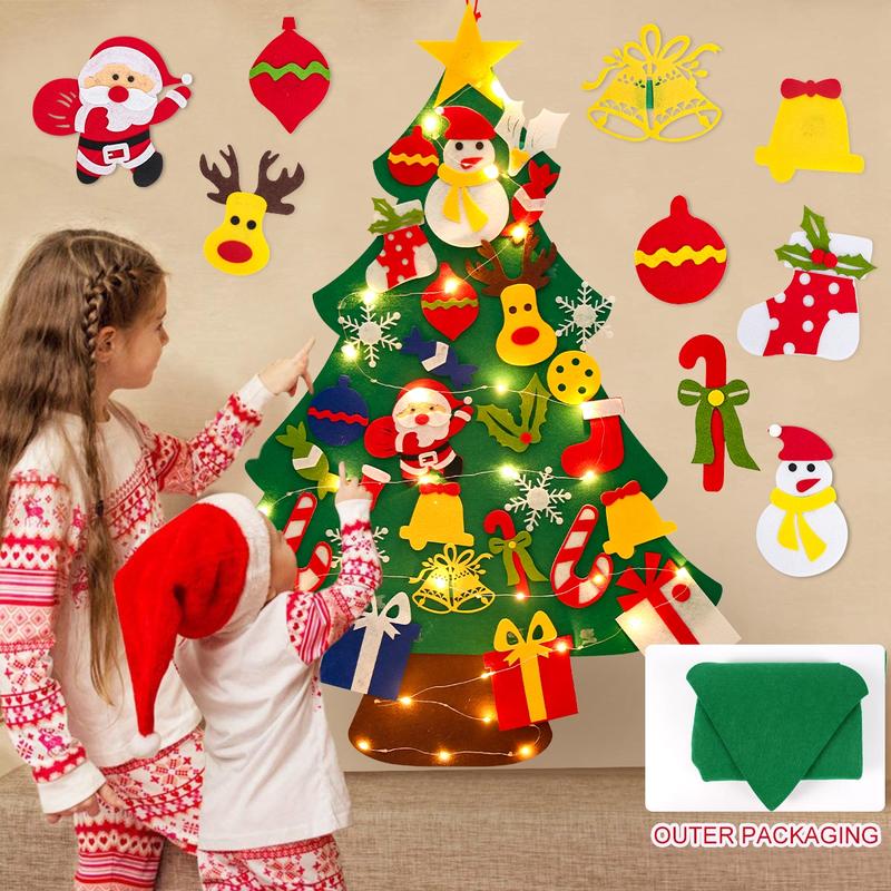 DIY Lighted Felt Christmas Tree Kit with Detachable Ornaments ,Xmas Decorations Wall Hanging Kids Santa Gift,Merry Christmas New Year Party Decor