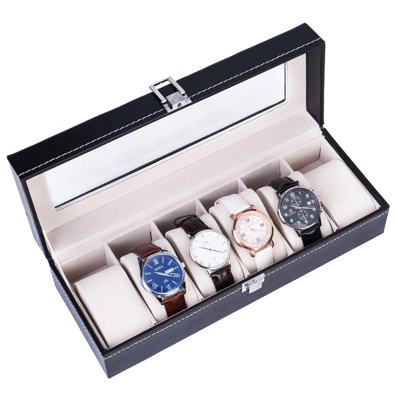 6 Compartments High-grade Leather Watch Collection Storage Box Black