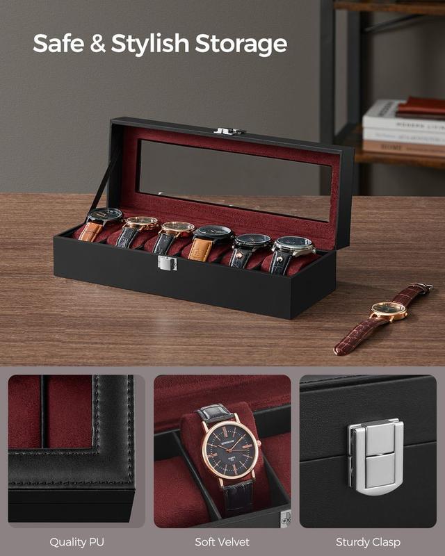 SONGMICS HOME Watch Box, Watch Case with Large Glass Lid, Removable Watch Pillows, Watch and Jewelry Box Organizer, Gift for Loved Ones