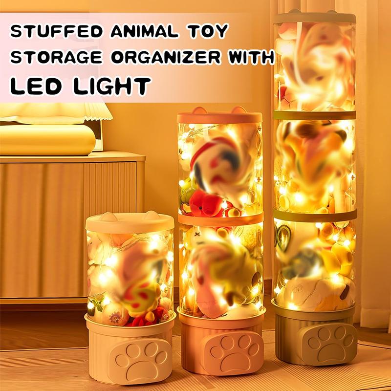 Stuffed Animal Storage Tube with LED Light, Stuff Animal Transparent Organizer, Large Toy Storage Display Bucket with Lid, Kids Stuffed Animal Storage, for Bedroom Kid Room,Pink