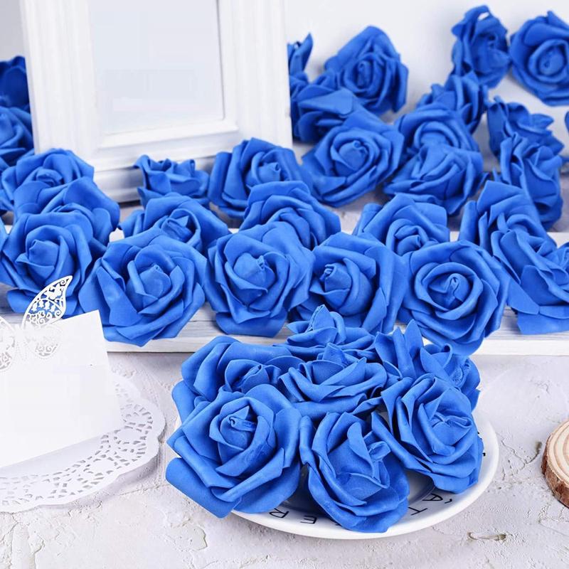 Artificial Flowers Roses Heads, 100 Count Faux Flowers Real Looking Blue Foam Fake Roses Perfect for Wedding Bouquet Home Decorations Decorative Fruit