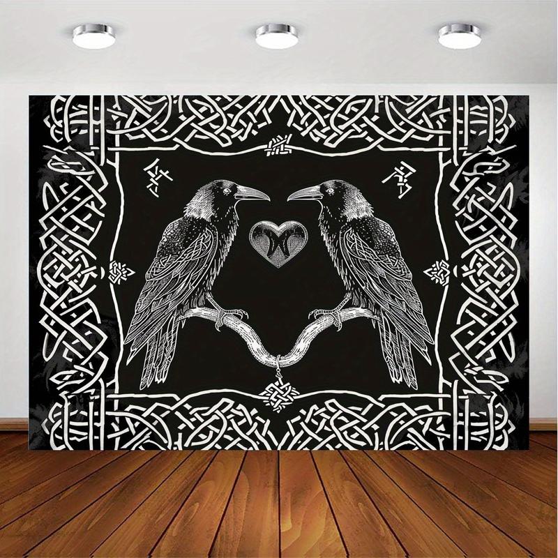 Christmas 2024 Ornament - Mystical Raven Tapestry - Norse Viking Inspired, Black & White Wall Hanging For Bedroom, Living Room, Dorm Decor - Polyester, Multiple Sizes Available