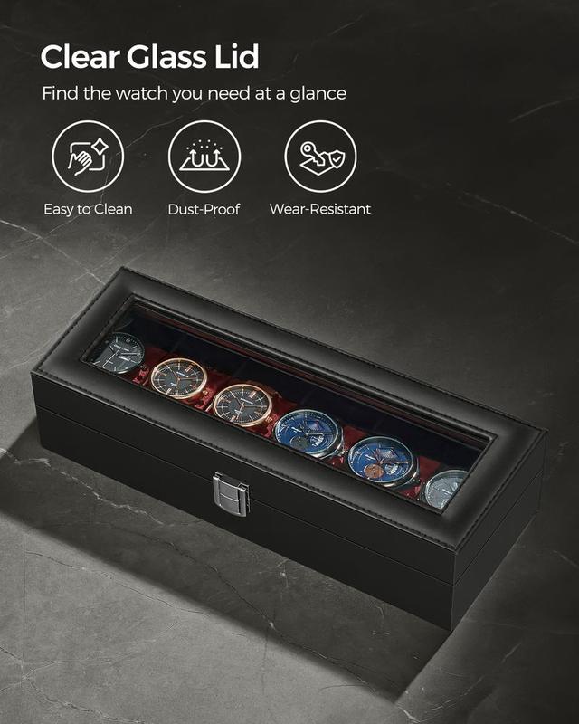 SONGMICS HOME Watch Box, Watch Case with Large Glass Lid, Removable Watch Pillows, Watch and Jewelry Box Organizer, Gift for Loved Ones