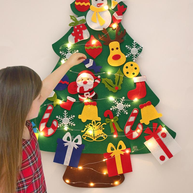 DIY Lighted Felt Christmas Tree Kit with Detachable Ornaments ,Xmas Decorations Wall Hanging Kids Santa Gift,Merry Christmas New Year Party Decor