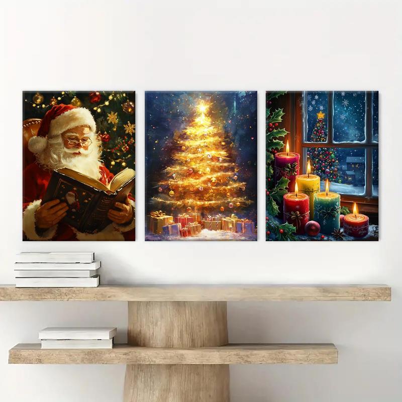 Christmas Themed Wooden Framed Canvas Painting, 3 Counts set Santa Claus & Christmas Tree & Candle Pattern Wall Art,  Canvas Art Wall Decor for Home Living Room Bedroom, Wall Art Painting Room Decor