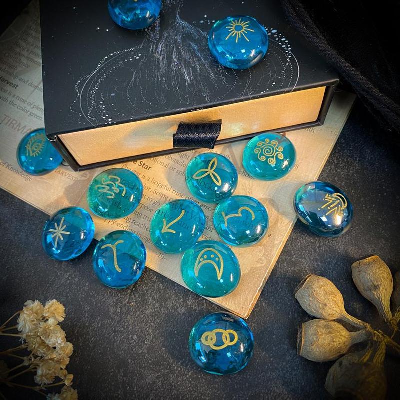 Witch Runes Set, 13pcs box Hand-carved Painted Glass Rune Stones, Divination Astrology Tools, Altar Decorations, Home Decor