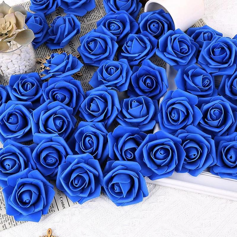 Artificial Flowers Roses Heads, 100 Count Faux Flowers Real Looking Blue Foam Fake Roses Perfect for Wedding Bouquet Home Decorations Decorative Fruit